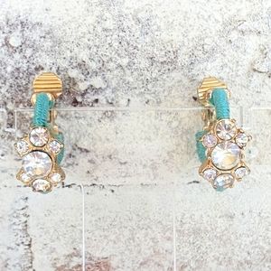 Rhinestone Huggie Hoops Goldtone With Aqua Thread Beach Tropical Vacay Bridal